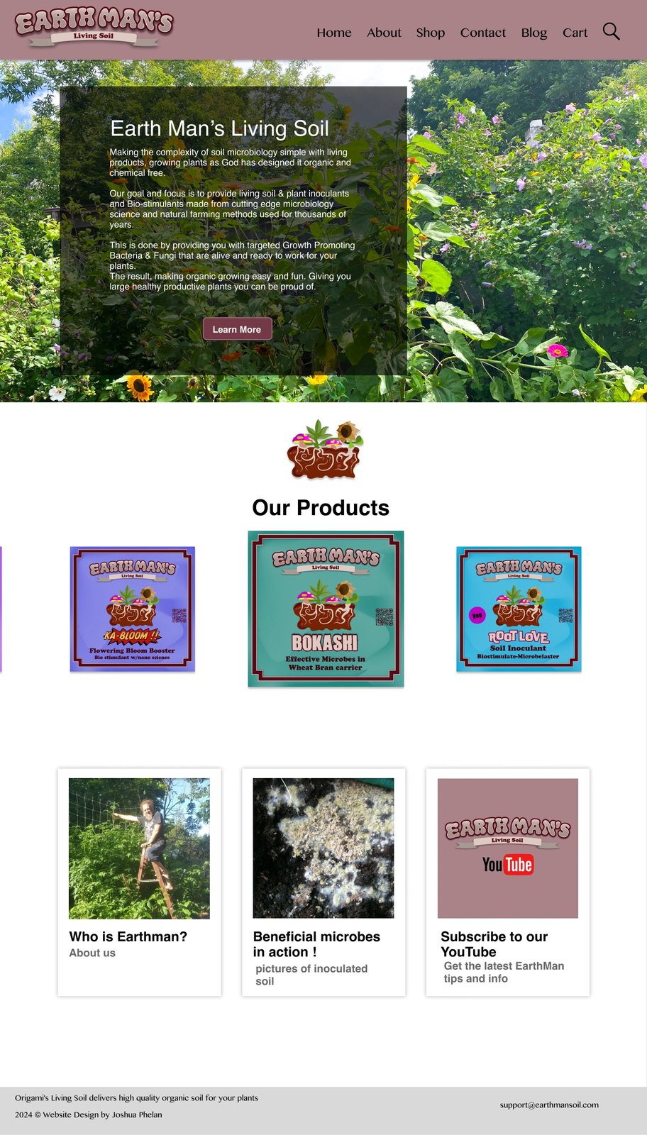 Original complete EarthMan website homepage showing garden hero, product labels and custom cards