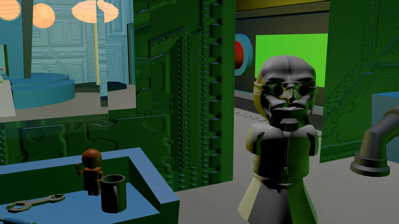 Original rendered scientist character beside the laboratory machinery