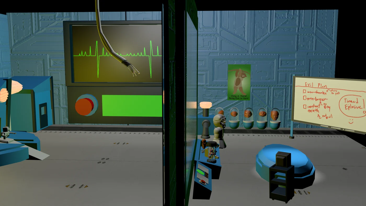 Original rendered Lab environment with television, workbench, whiteboard and experiment table